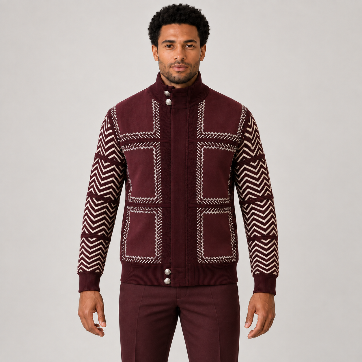 Silversilk 31006 wine patterned sweater, front view on model against light gray studio background