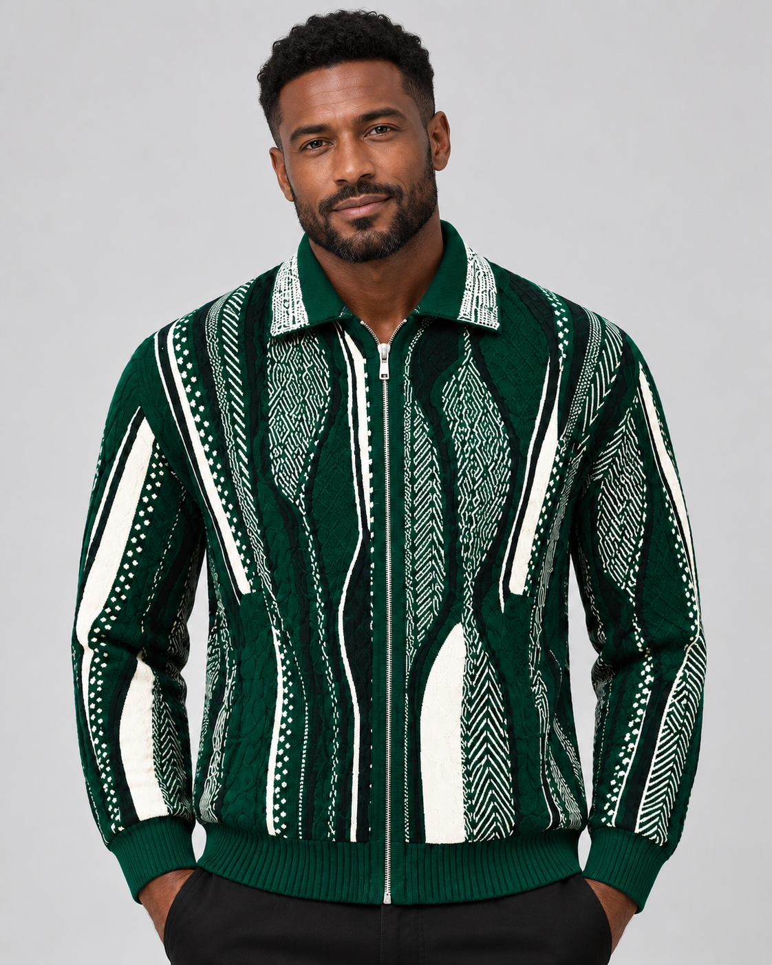 Silversilk 32015 Wool-Blend Collared Full-Zip Sweater in Green, upper-body model photo