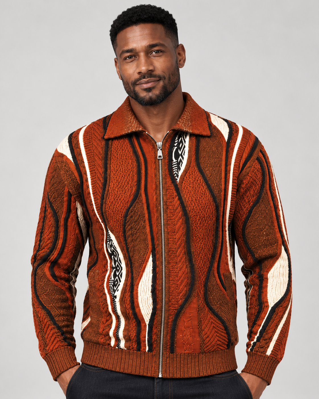 Silversilk 32015 Wool-Blend Collared Full-Zip Sweater in Rust, upper-body model photo