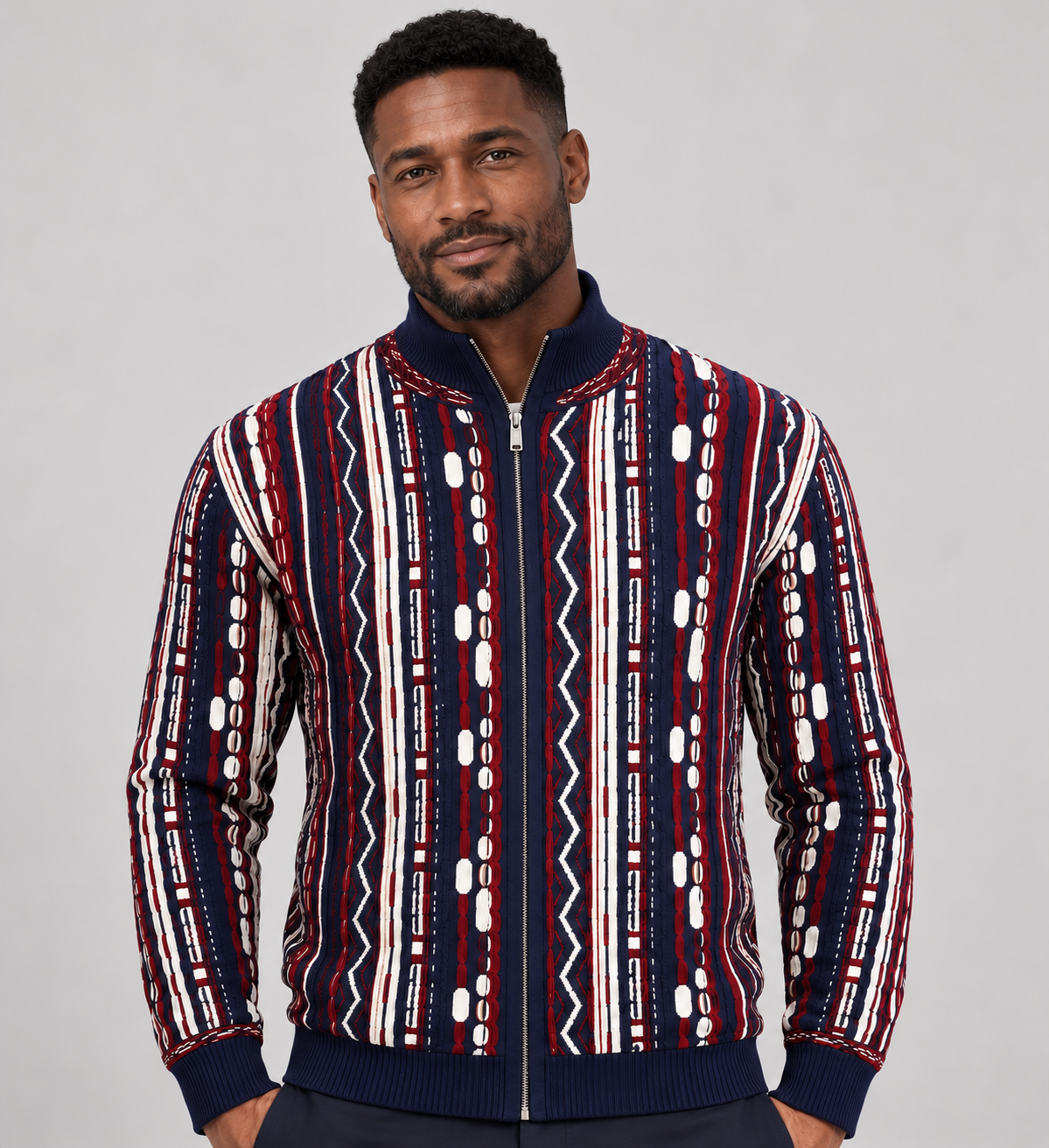 Silversilk 32030 Patterned Mock-Neck Full-Zip Sweater in Navy, upper-body model photo