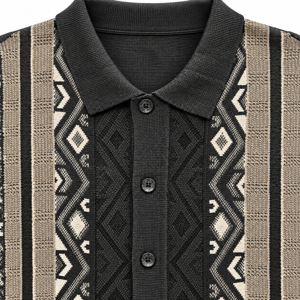 Silversilk 34117 black walking set top close-up showing geometric knit texture, contrast stripes and polo collar
