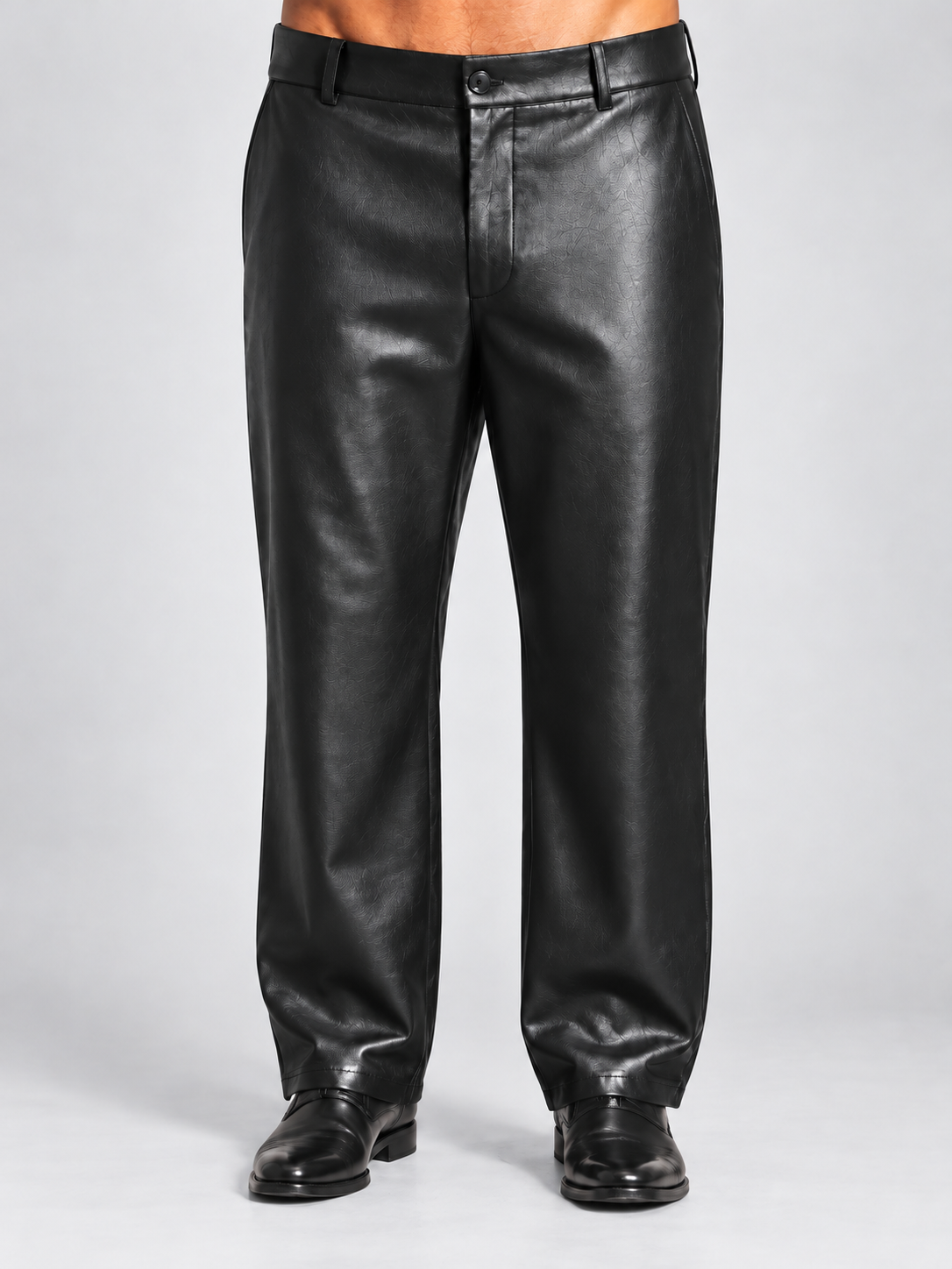 Silversilk 35170P black flat-front full-cut PU pants, front view.