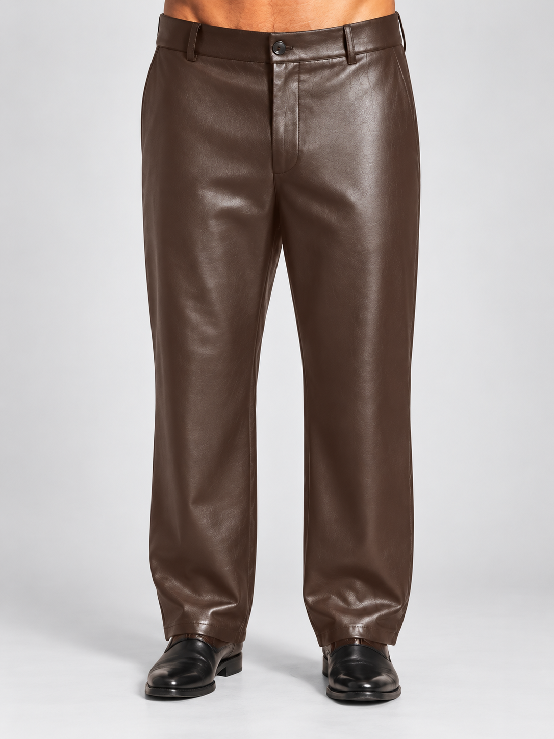 Silversilk 35170P chocolate brown flat-front full-cut PU pants, front view.