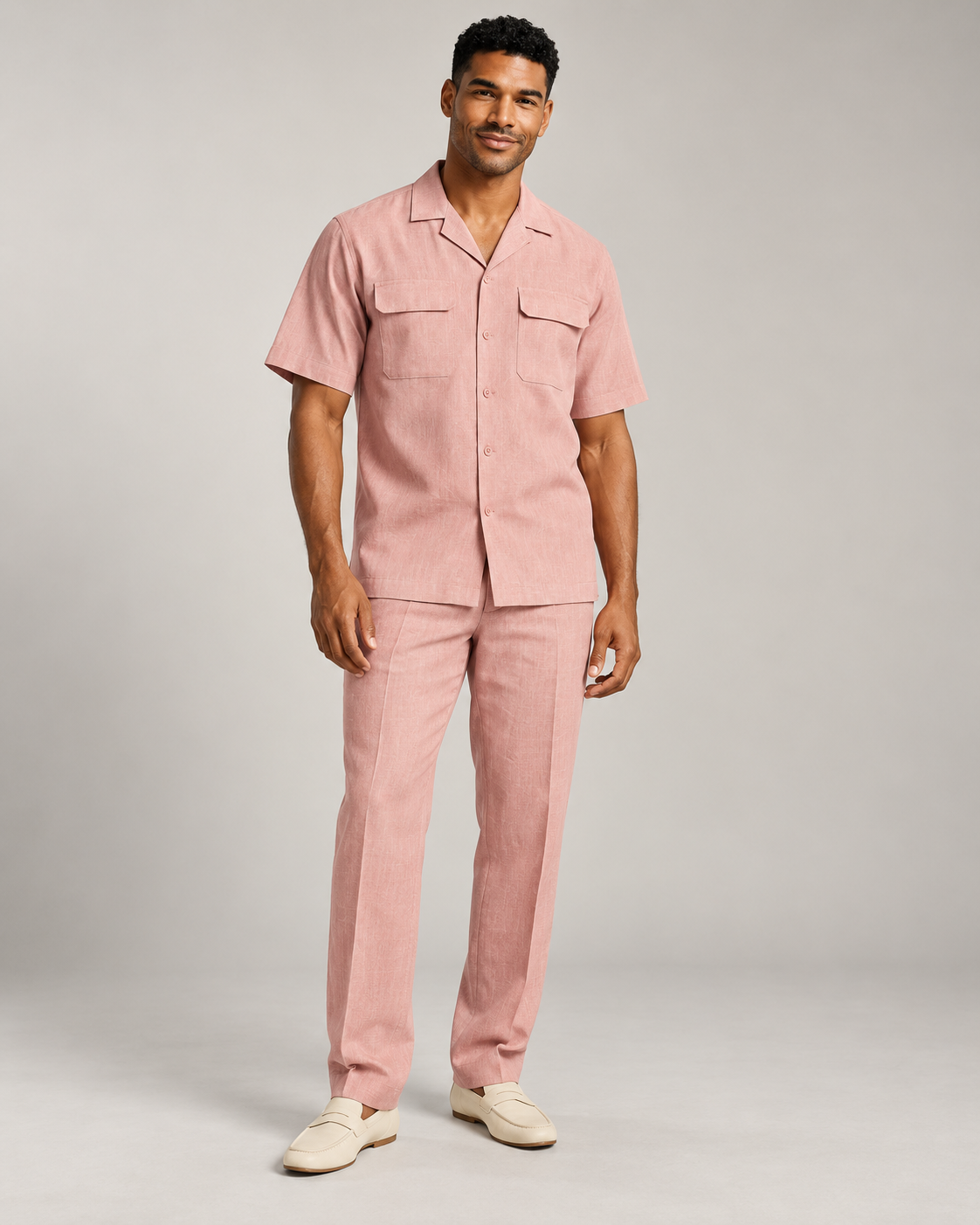 Stacy Adams 3510 linen two-piece set in Pink, full-length model studio photo