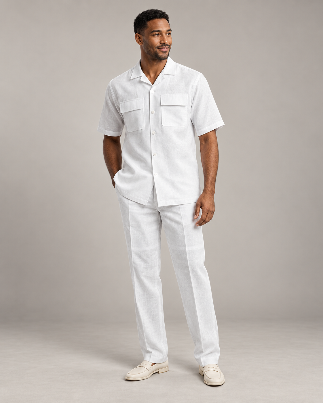 Stacy Adams 3510 linen two-piece set in White, full-length model studio photo