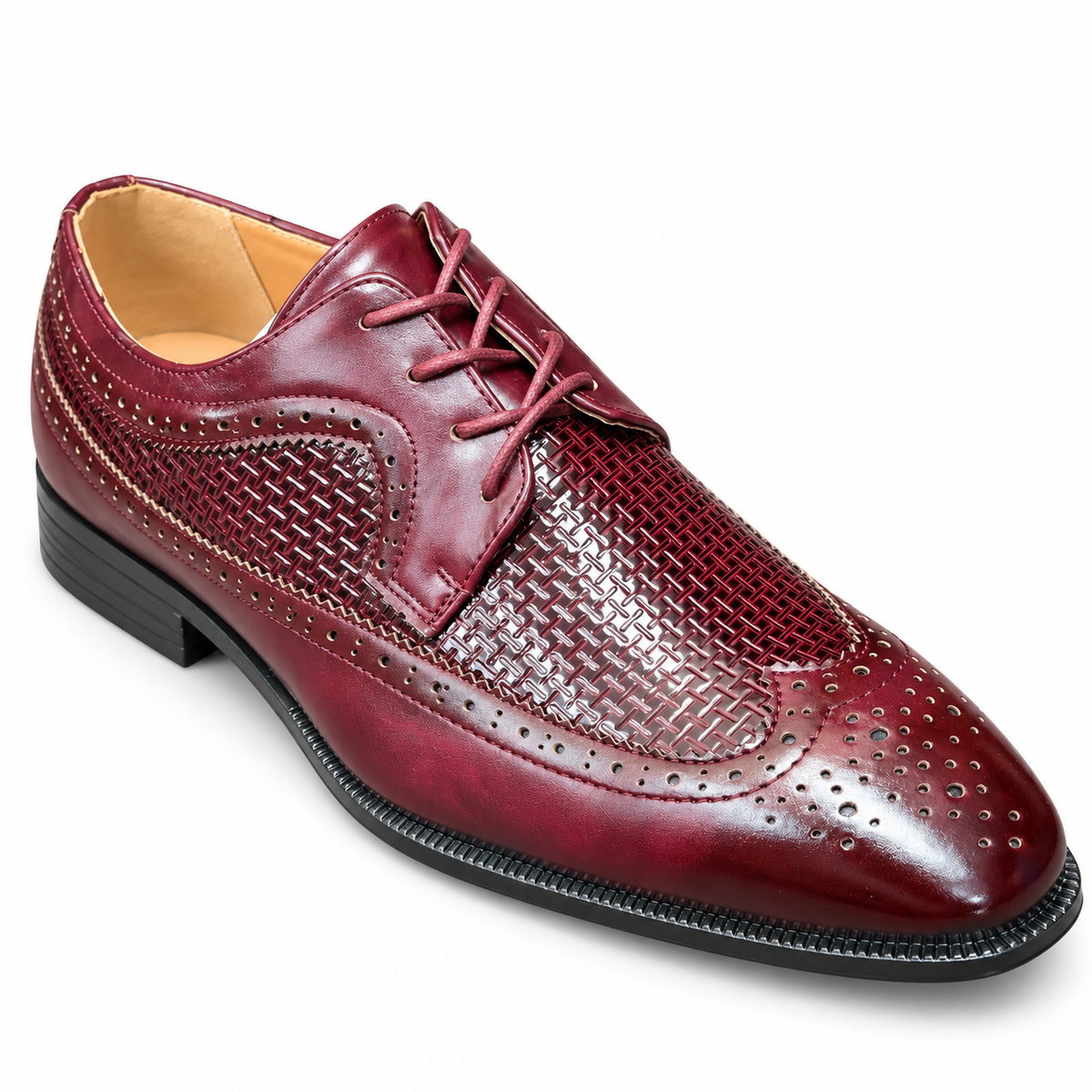 Antonio Cerrelli 7068 burgundy wingtip dress shoe with woven texture and brogue detailing