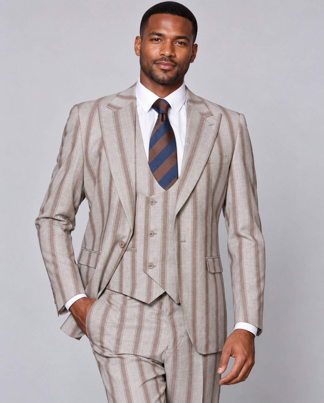 Manzini 3pc Wide Pinstripe Suit (Sydney) — Light Neutral Stripes, studio photograph