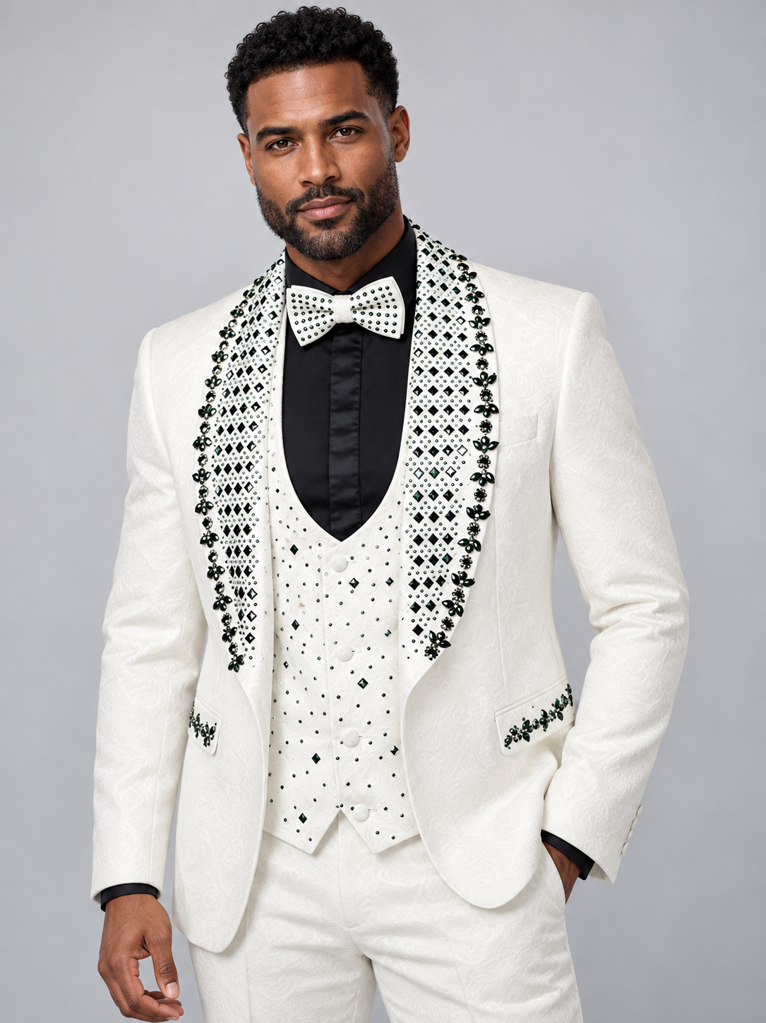 Manzini 4PC Fashion Tuxedo (Enzo) — White with Dark Embellishment, studio photograph
