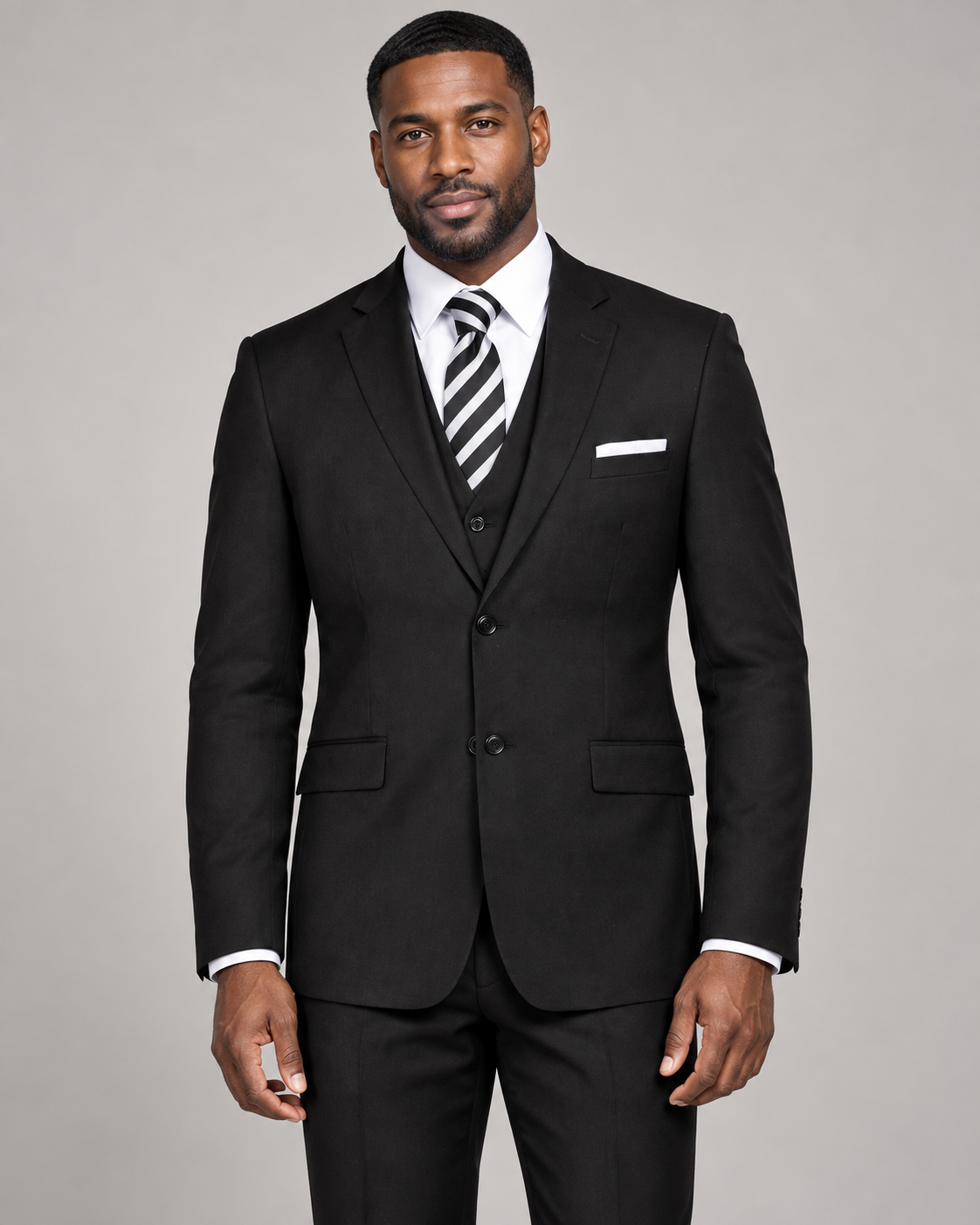 Retro Paris Monte Carlo three-piece suit in Black, on-model studio photo