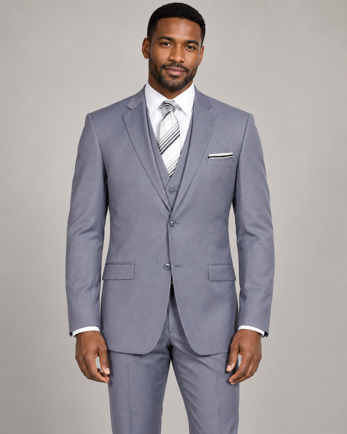 Retro Paris Monte Carlo three-piece suit in Gray, on-model studio photo