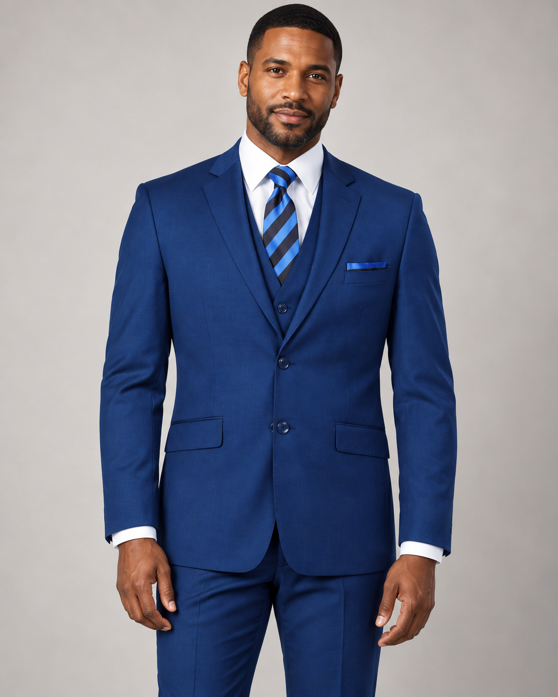 Retro Paris Monte Carlo three-piece suit in Indigo, on-model studio photo