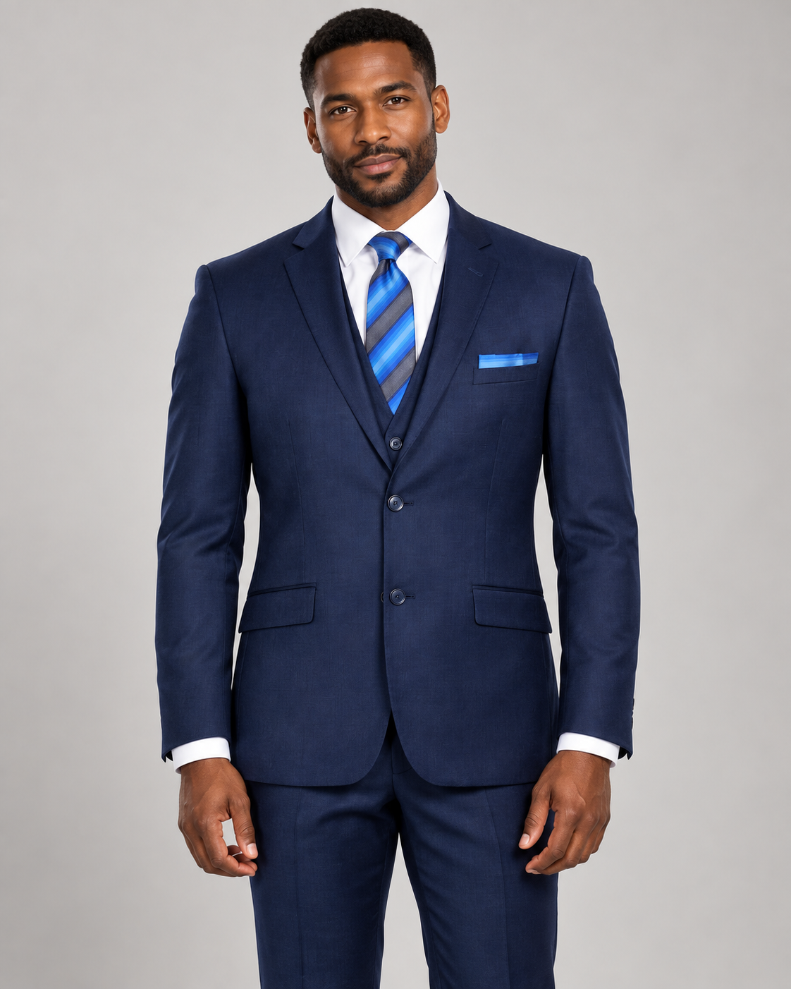 Retro Paris Monte Carlo three-piece suit in Navy, on-model studio photo