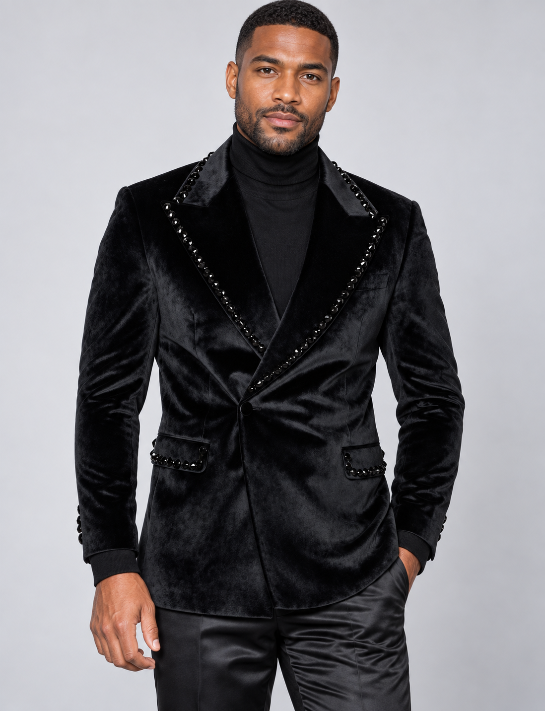 Manzini Studded Collar Blazer (MZV531) in Black with Black Studs, on-model studio photograph