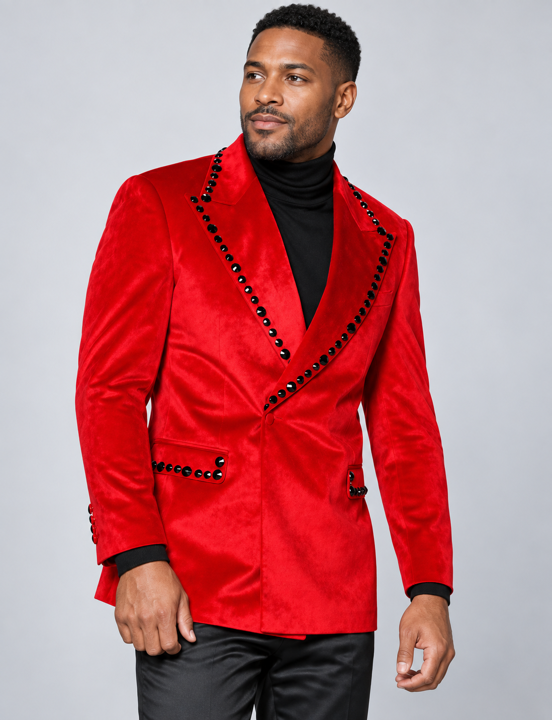 Manzini Studded Collar Blazer (MZV531) in Red with Black Studs, on-model studio photograph
