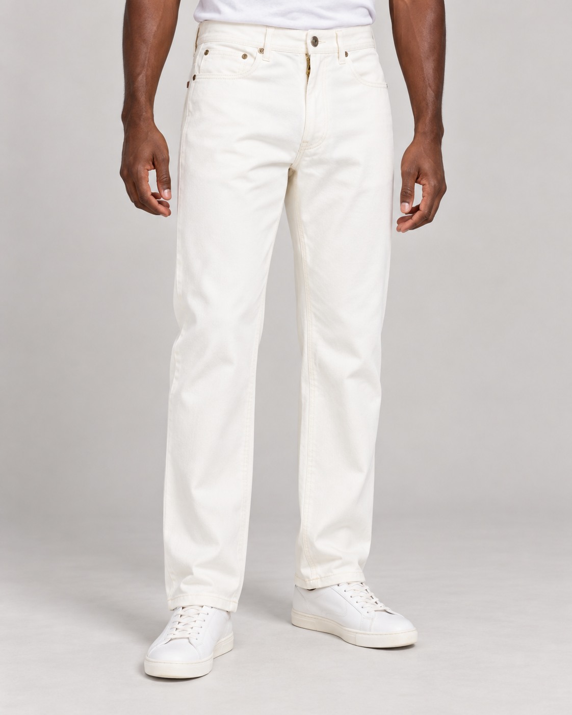 Prestige stretch denim jeans in Cream, on-model studio photo