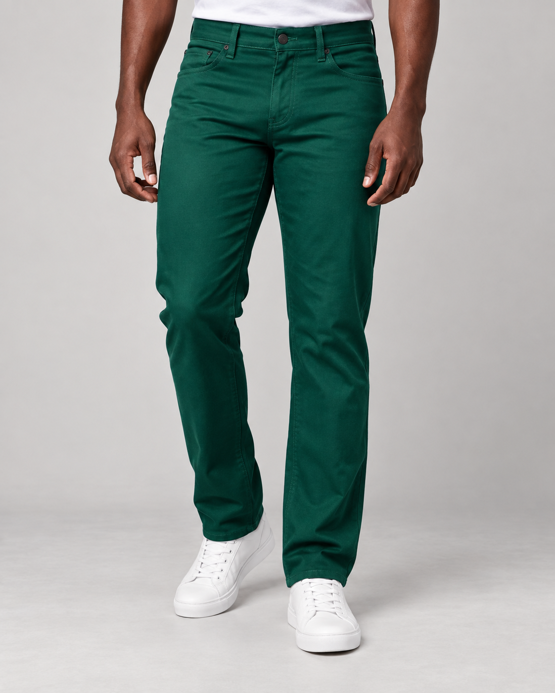 Prestige stretch denim jeans in Green, on-model studio photo