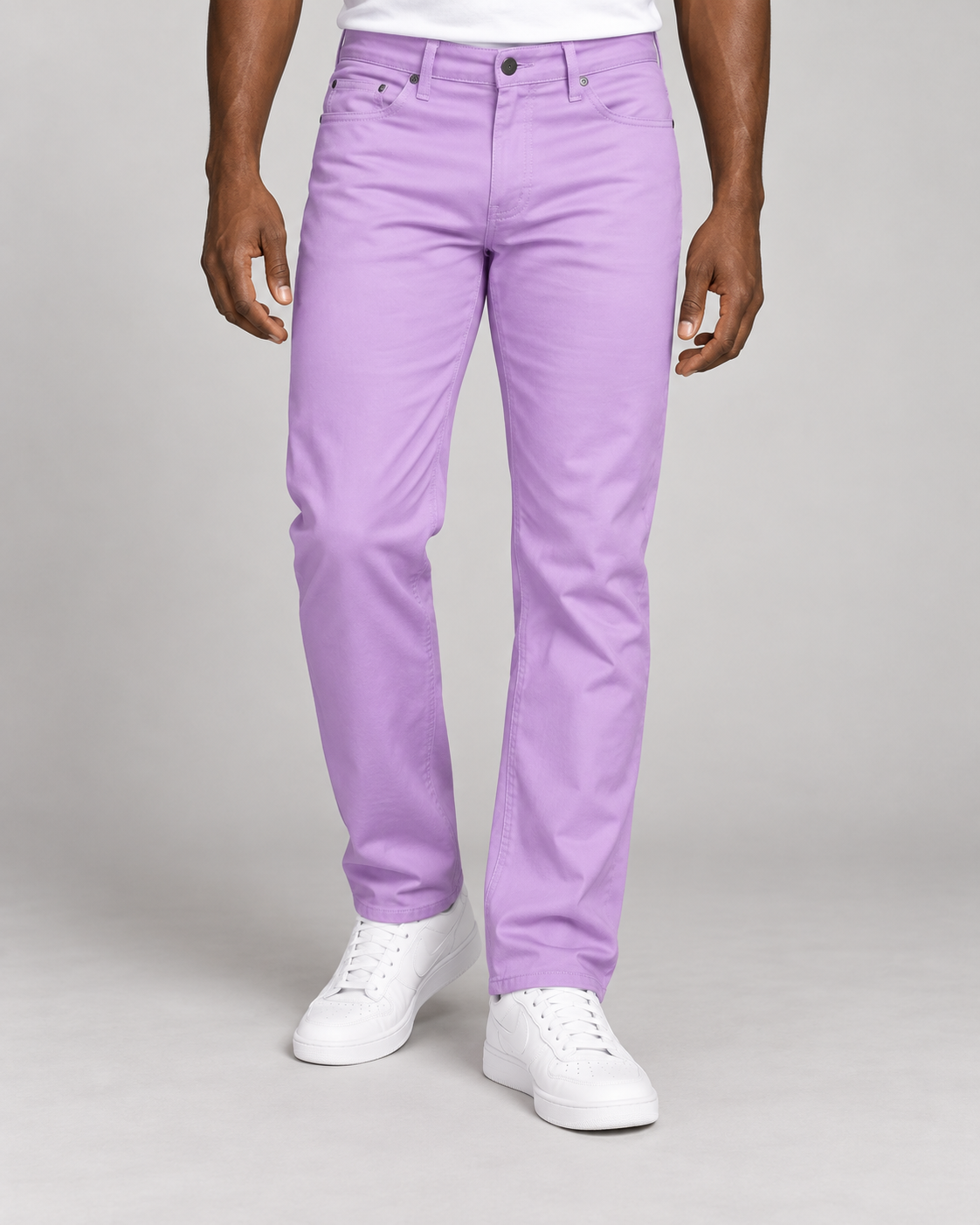 Prestige stretch denim jeans in Lavender, on-model studio photo