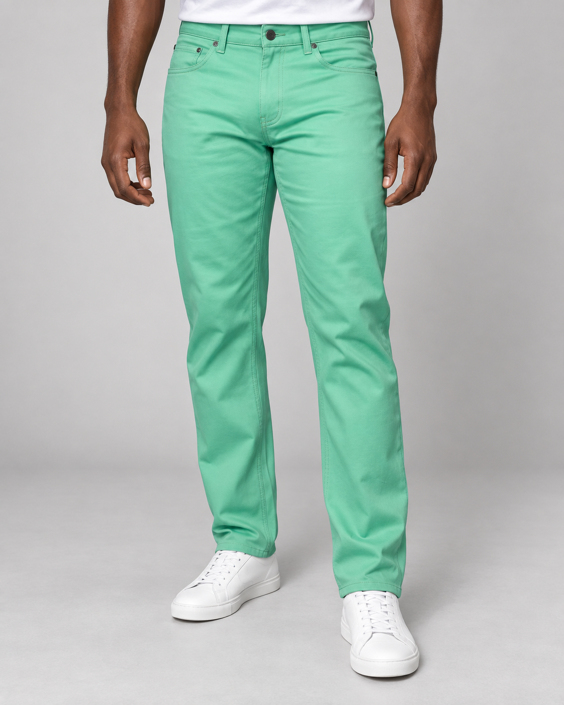 Prestige stretch denim jeans in Mint, on-model studio photo