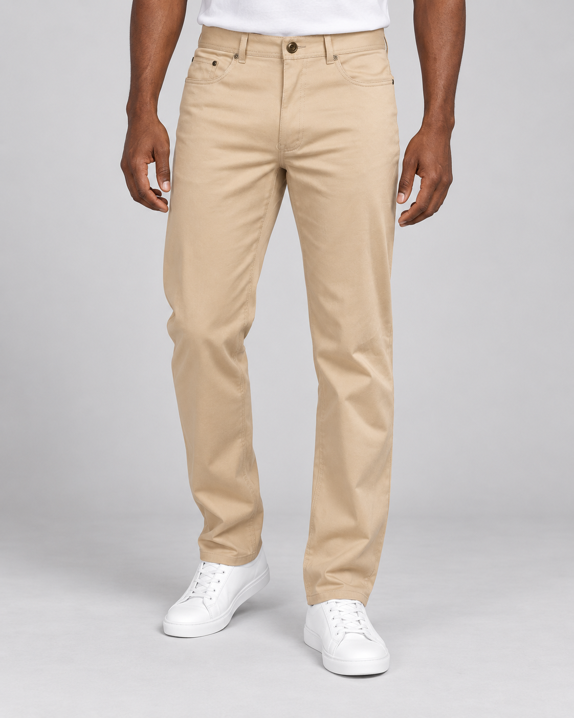 Prestige stretch denim jeans in Sand, on-model studio photo