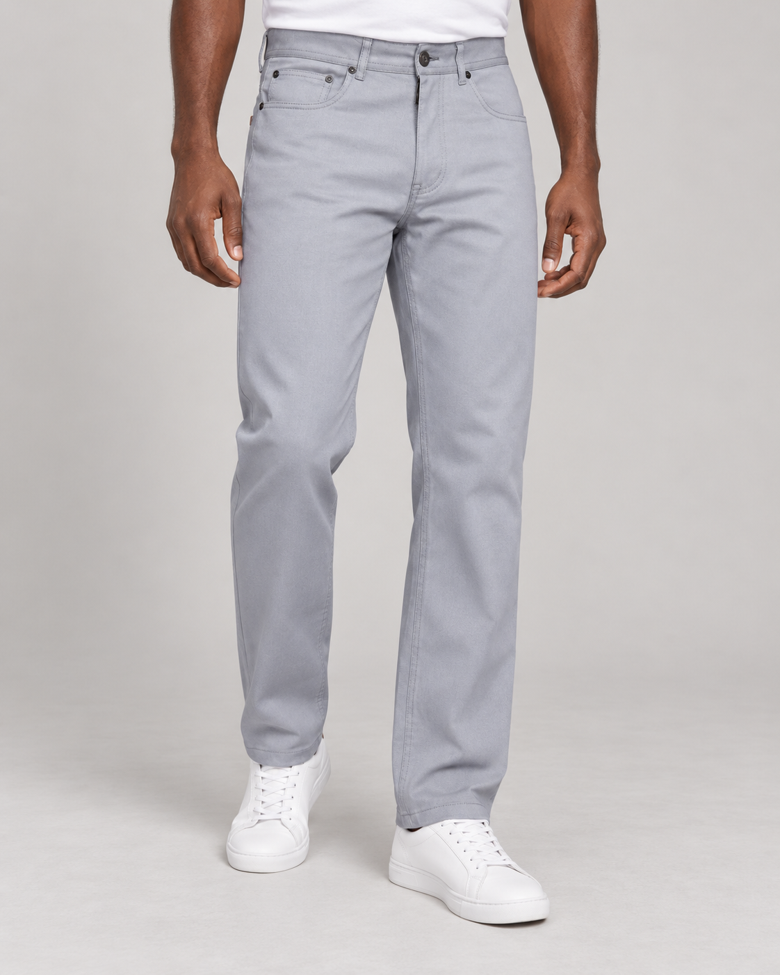 Prestige stretch denim jeans in Silver, on-model studio photo