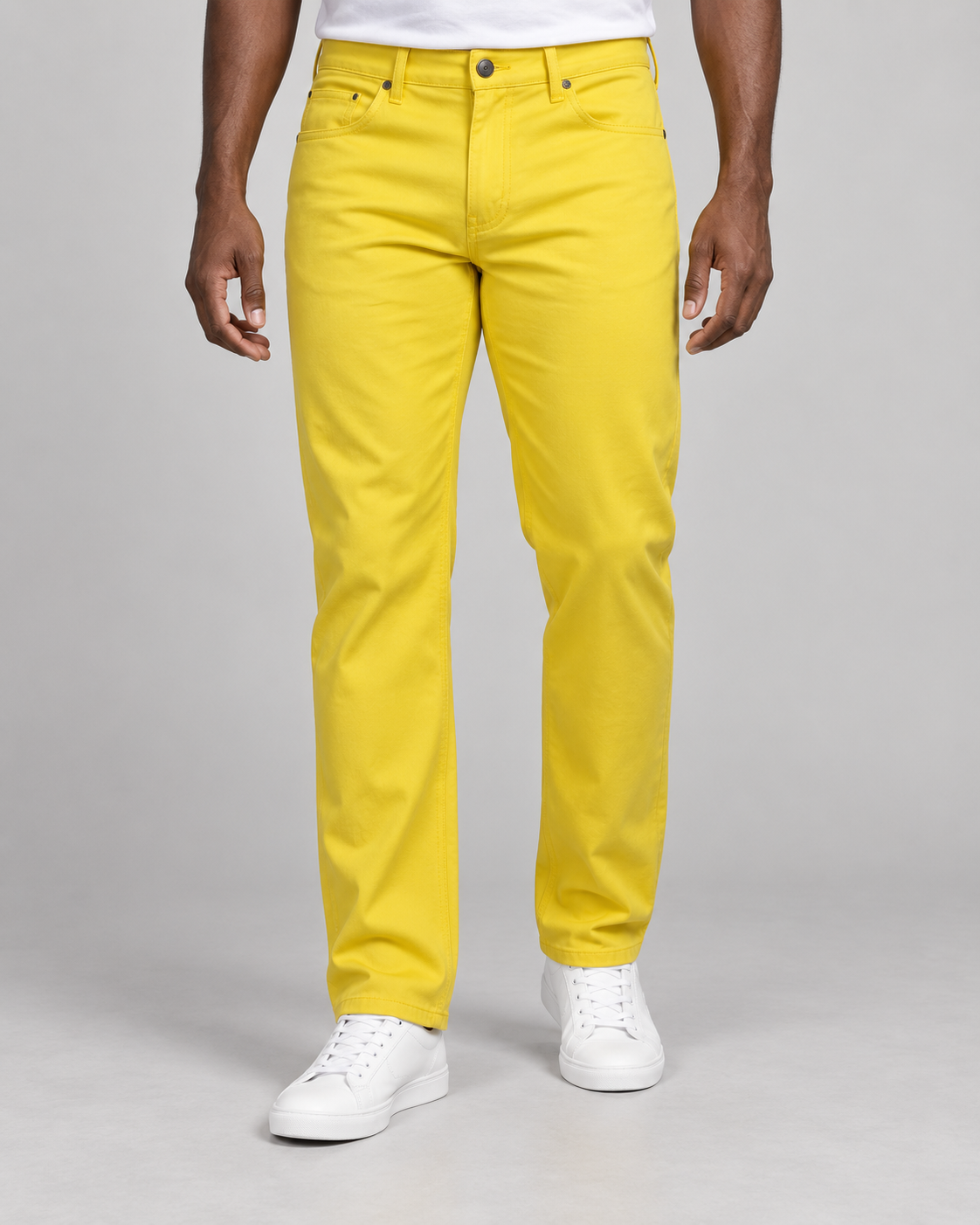 Prestige stretch denim jeans in Yellow, on-model studio photo