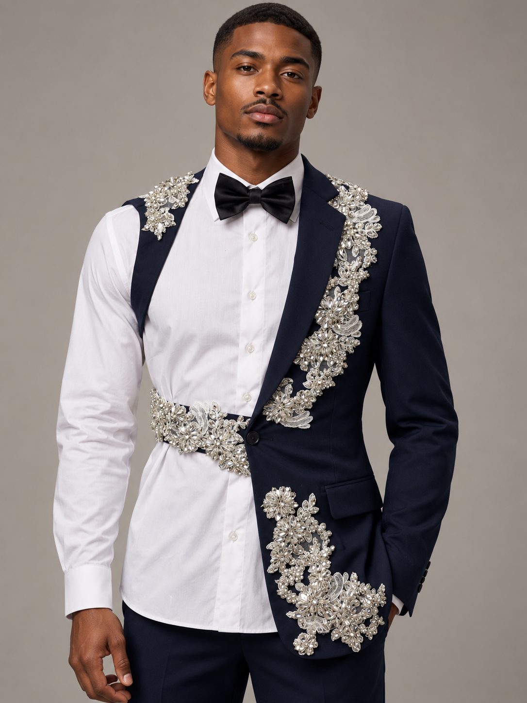 AI-generated model visualization of TCW asymmetric navy jacket with silver embellishment