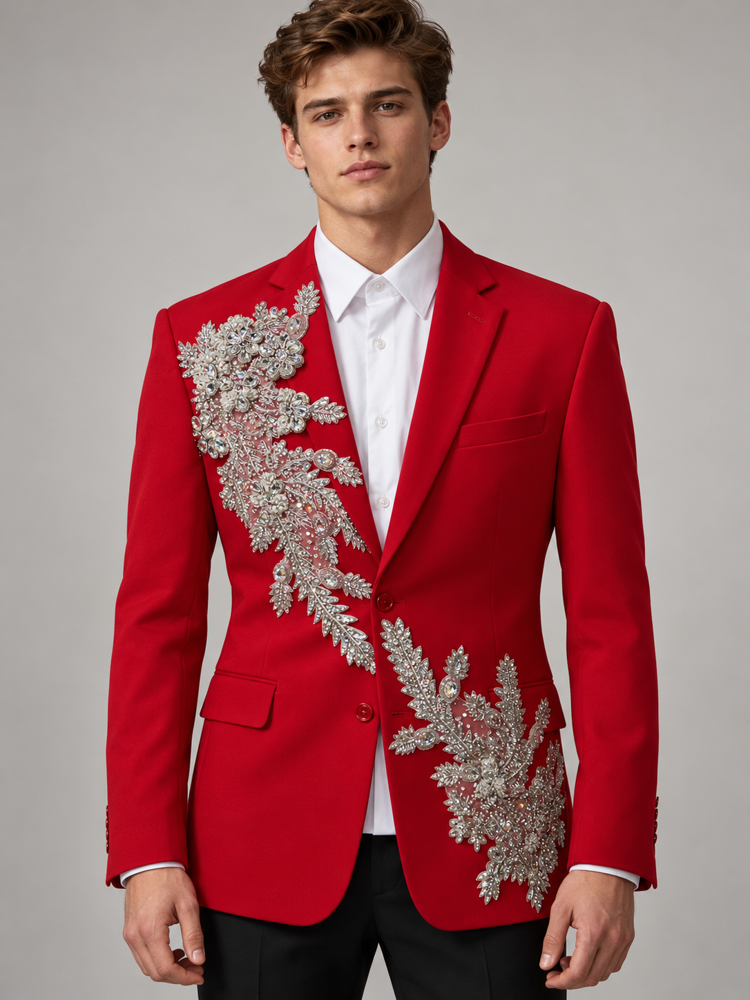 AI-generated young adult model visualization of TCW red jacket with silver floral embellishment