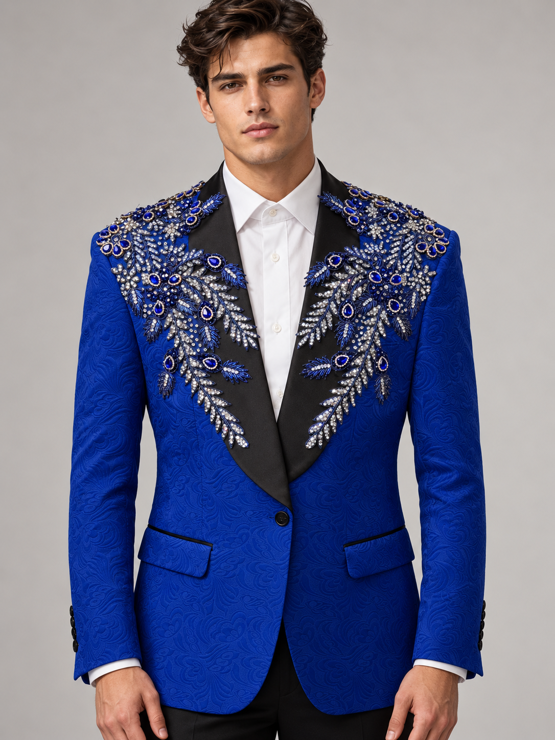 AI-generated model visualization of TCW royal-blue paisley jacket with blue and silver embellishment