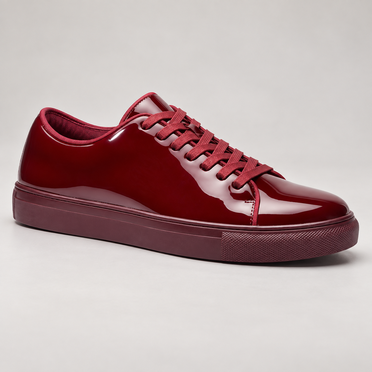 Santino Luciano S441 patent sneaker in Burgandy, studio product photo