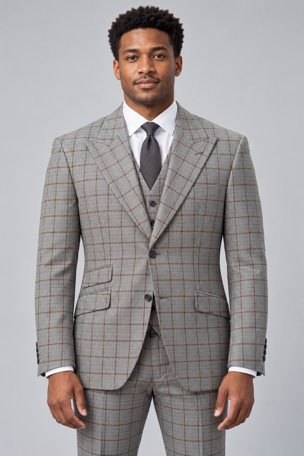 Saboo 1803 Gray three-piece modern-cut suit with subtle rust windowpane accents — front view
