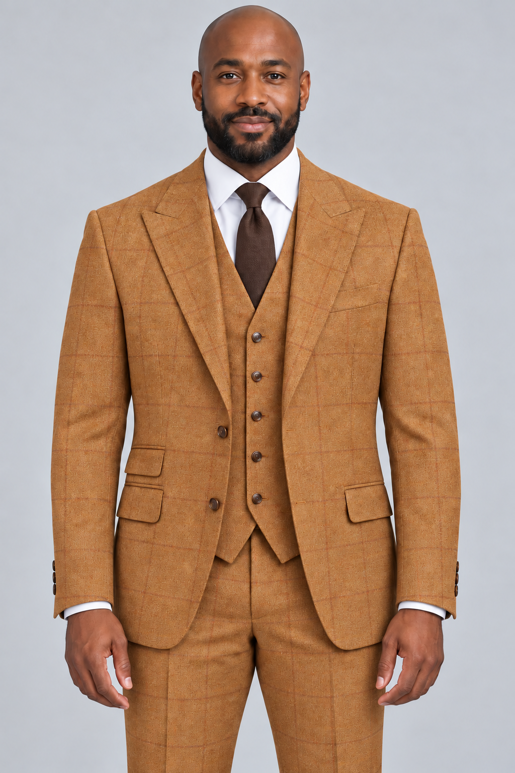 Saboo 2026 Rust three-piece modern-cut suit with subtle tonal windowpane — front view
