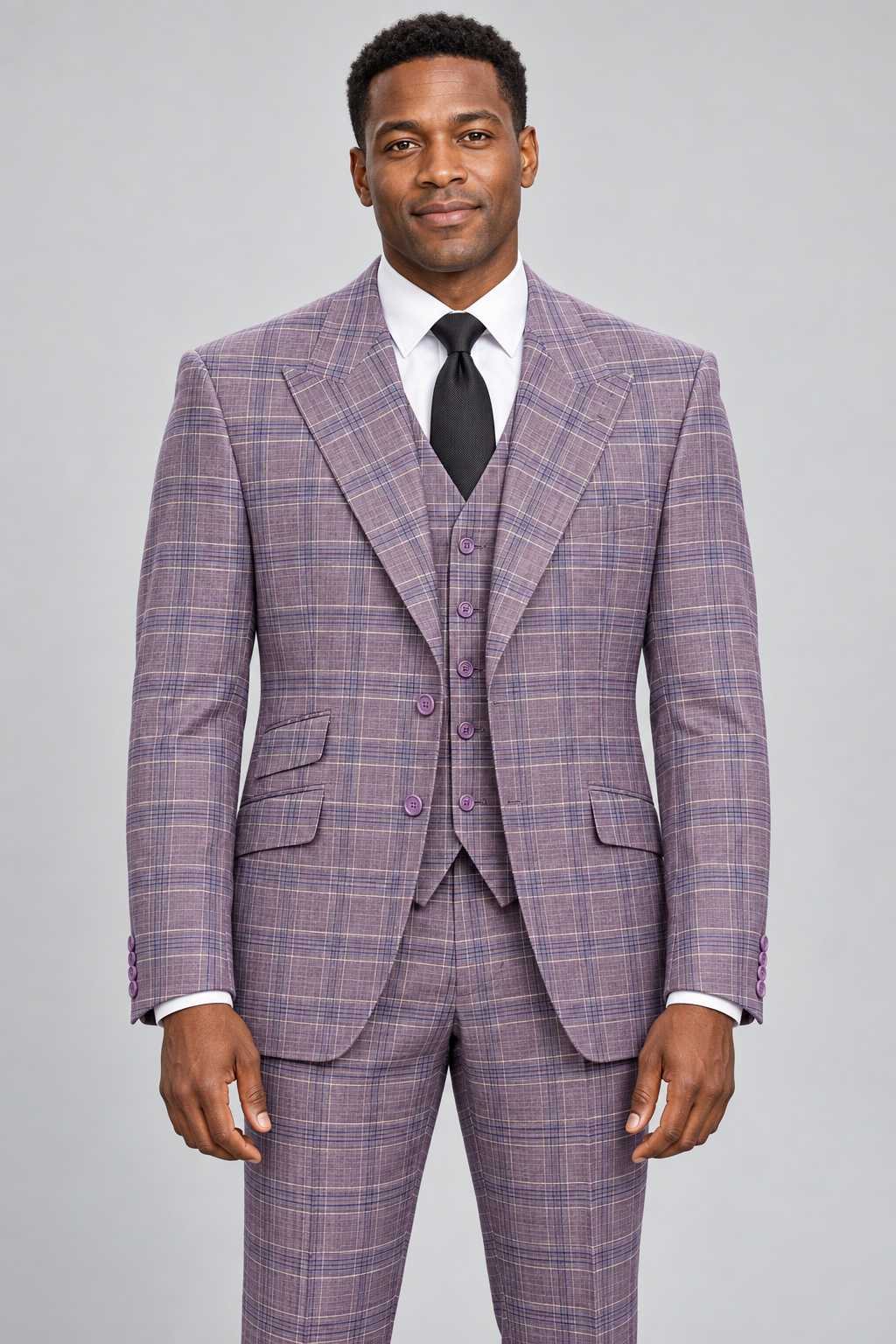 Saboo 2045 purple plaid three-piece modern-cut suit, front, peak-lapel jacket and regular V-neck vest