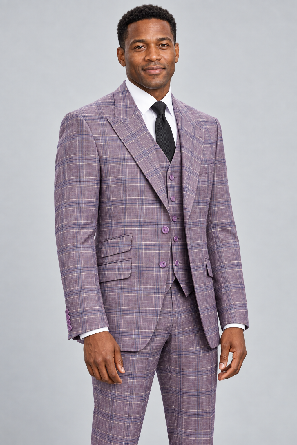 Saboo 2045 purple plaid three-piece modern-cut suit, three-quarter front, peak-lapel jacket and regular V-neck vest