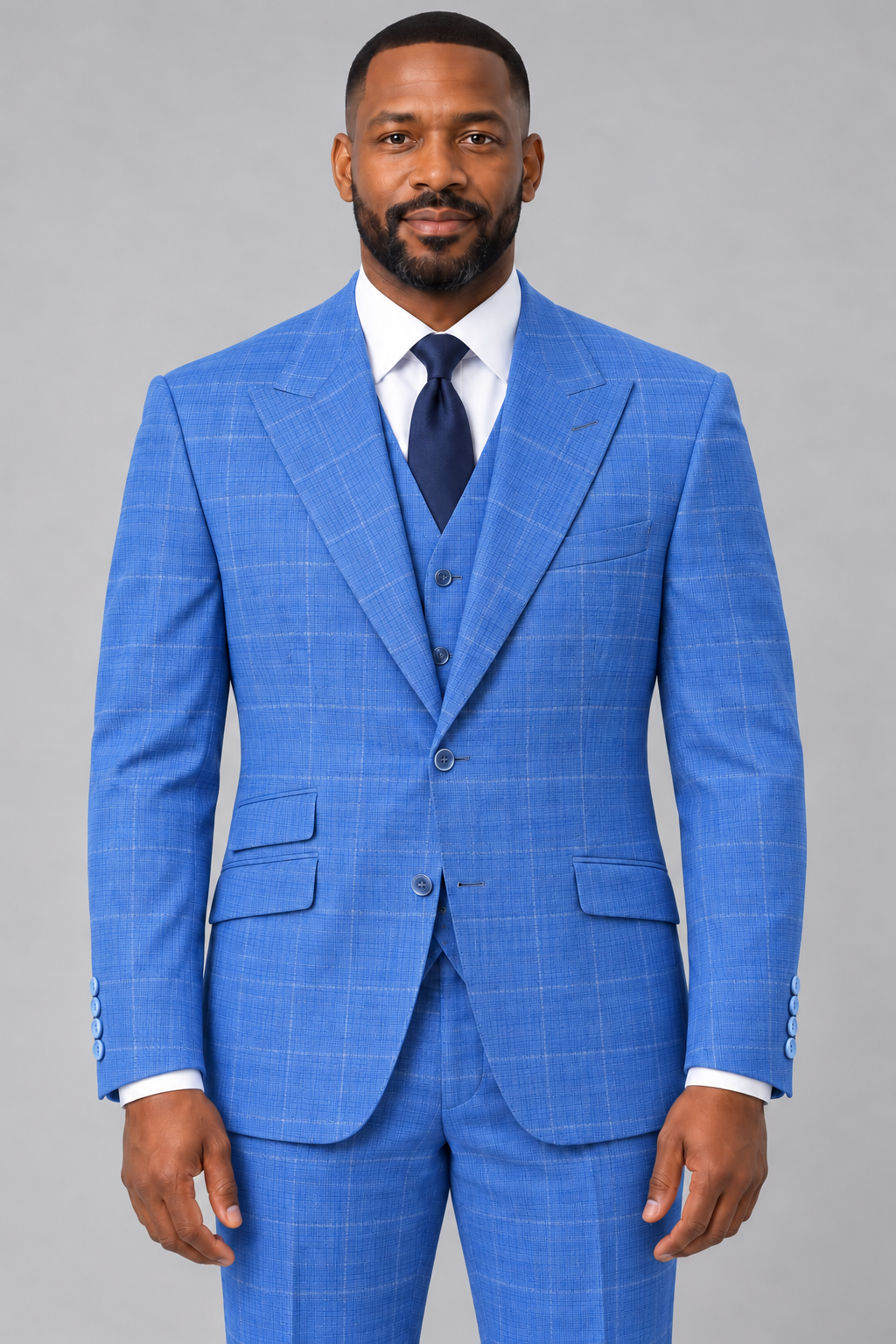 Saboo 8011 Ocean Blue three-piece suit, front view with subtle whitish windowpane, peak lapels and regular vest
