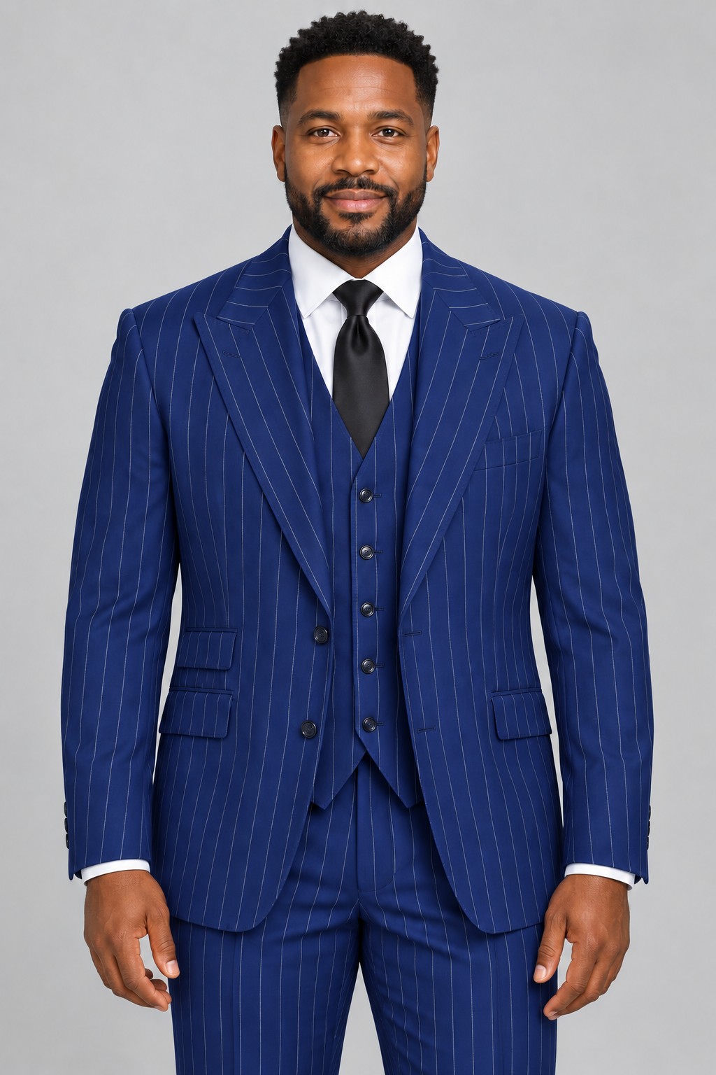 Saboo 8038 three-piece pinstripe suit in Blue - modern fit, front view
