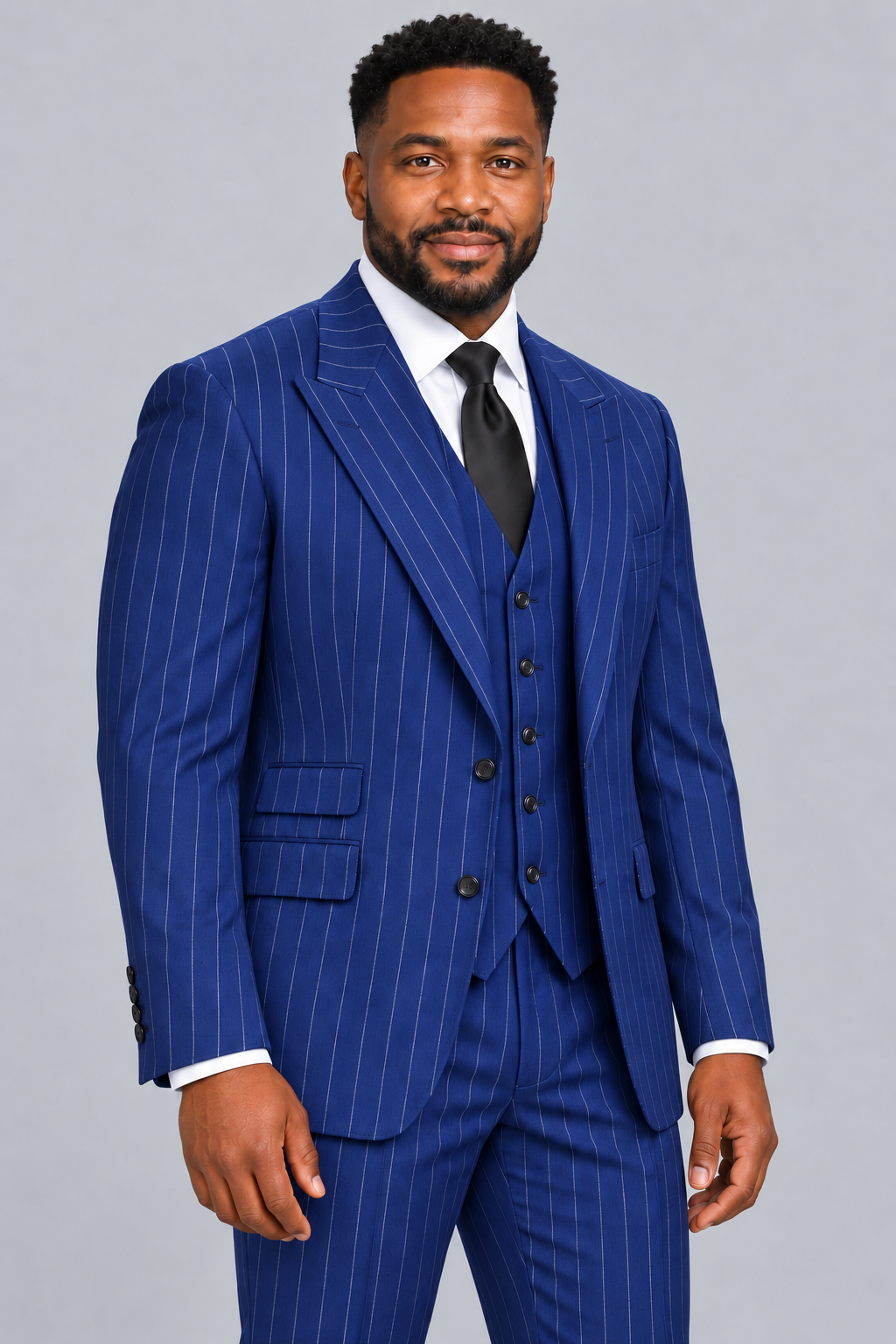 Saboo 8038 three-piece pinstripe suit in Blue - modern fit, three-quarter view