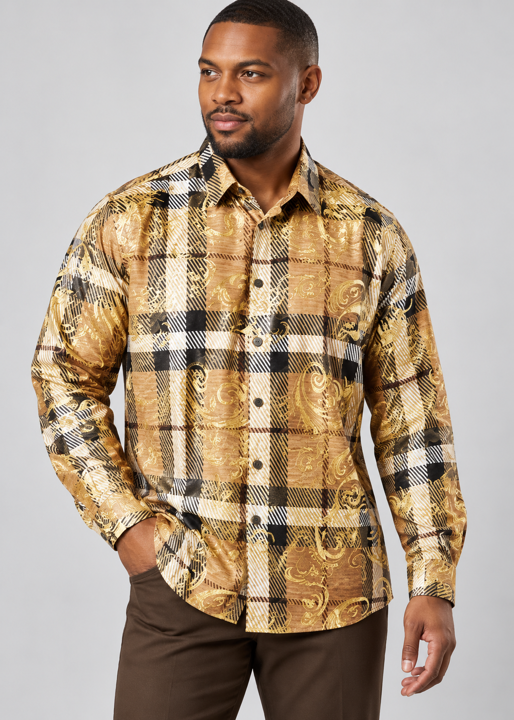 Stacy Adams L/S Print Button Down (4943) — Gold Multicolor Print, studio photograph