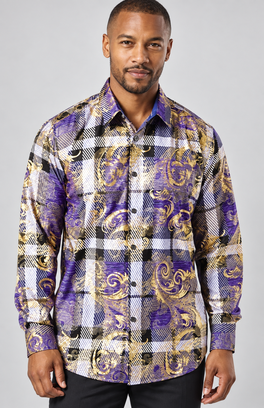 Stacy Adams L/S Print Button Down (4943) — Purple and Gold Print, studio photograph