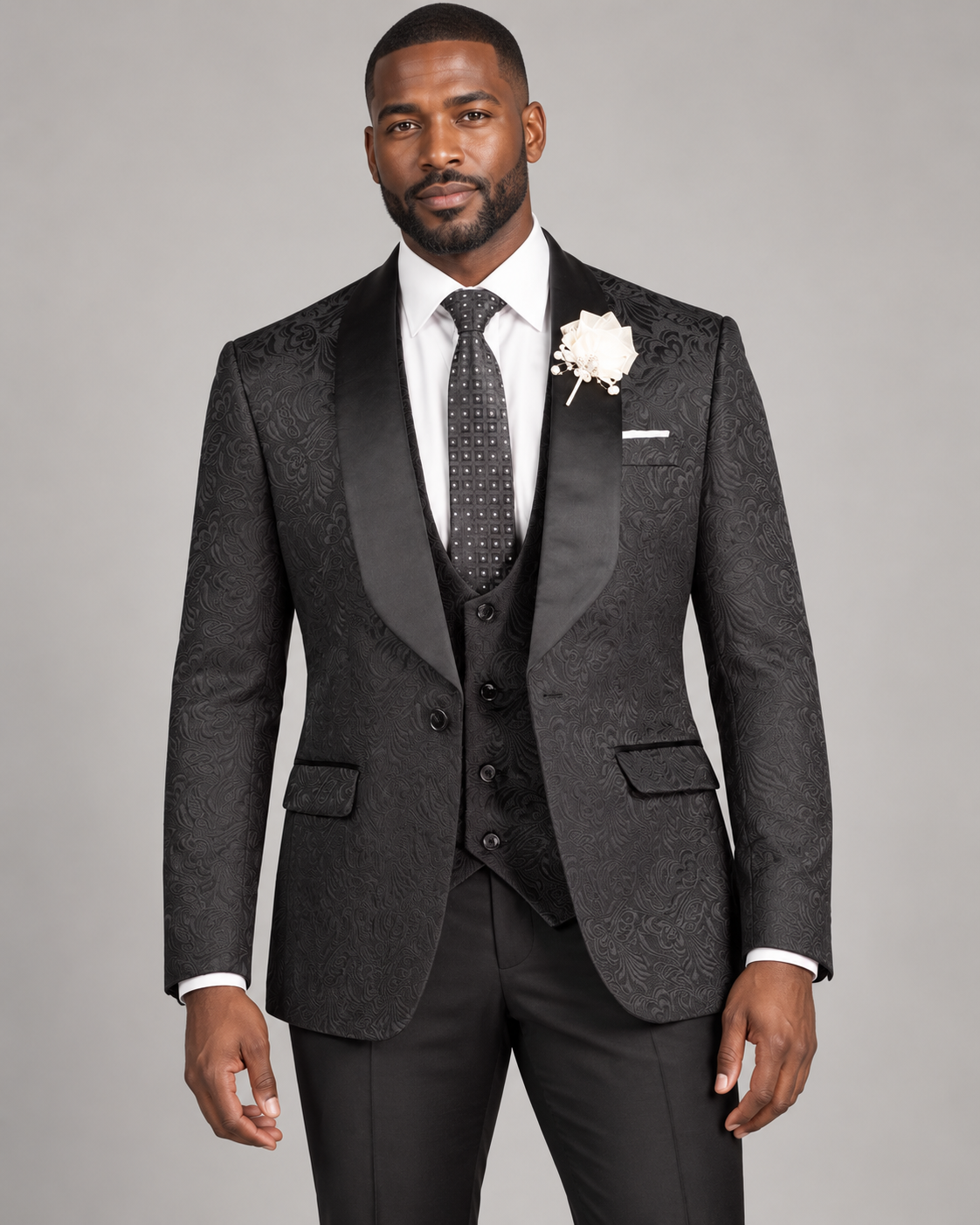 Vinci TVSJ-1 jacquard tuxedo in Black, model studio photo