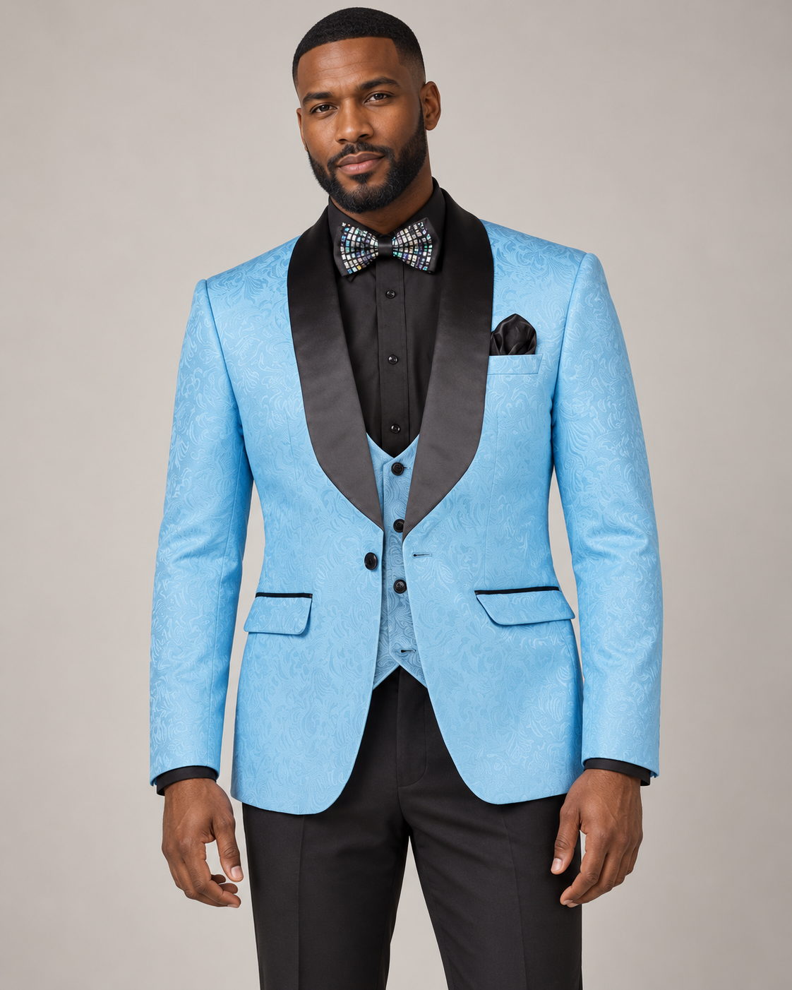 Vinci TVSJ-1 jacquard tuxedo in Sky Blue, model studio photo
