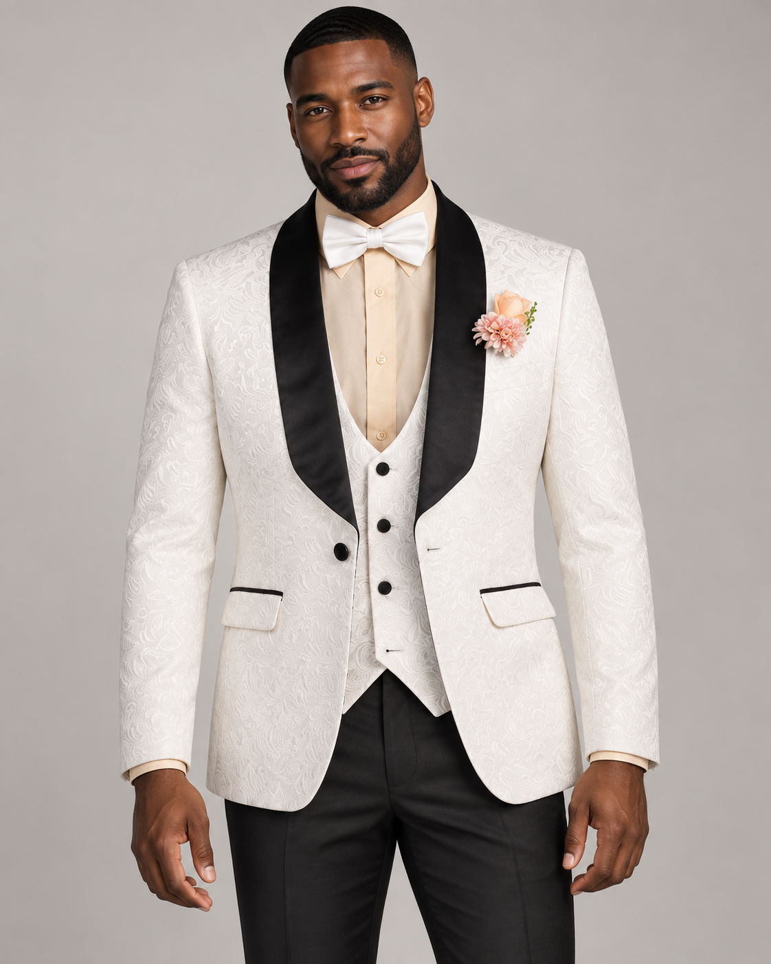 Vinci TVSJ-1 jacquard tuxedo in White, model studio photo