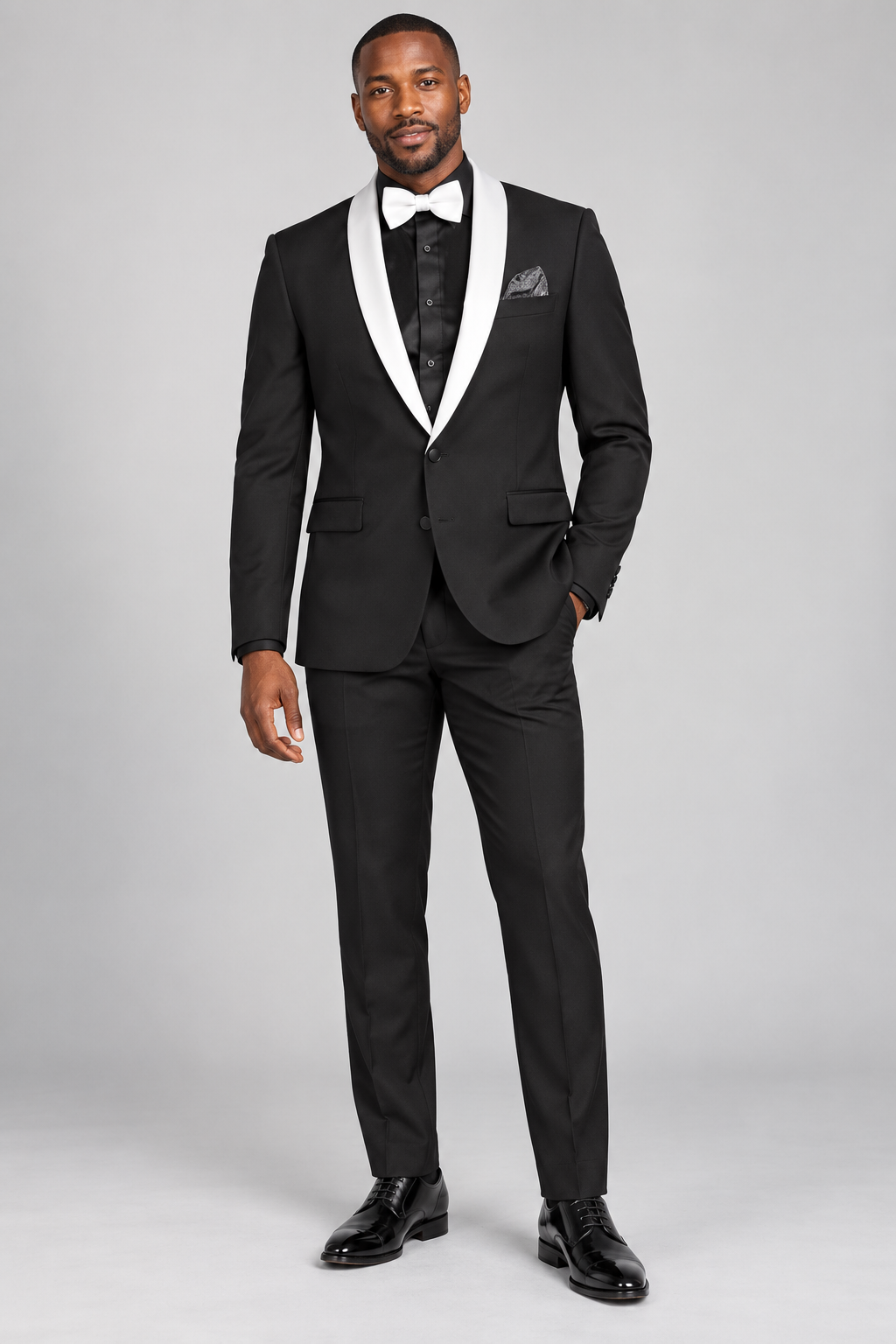 Vinci 3pc Tuxedo Stretch Slim Fit (TSS-2) — Black with White Lapels, studio photograph