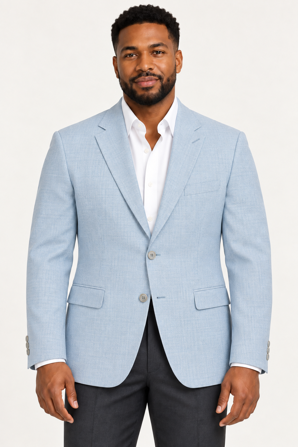 Zacchi Terri two-button blazer in Sky Blue, front studio view on a model.