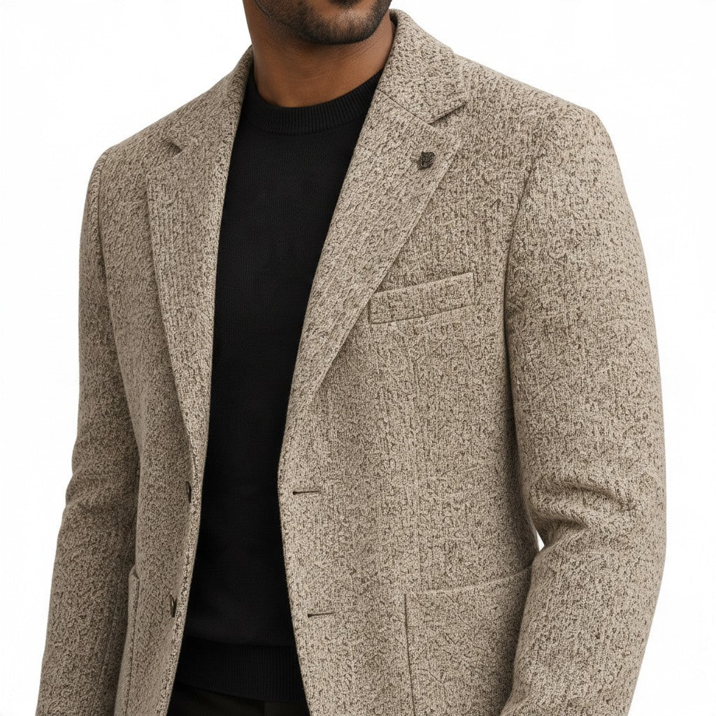The City Warehouse-Menswear beige flecked wool-blend slim fit blazer with notch lapels and patch pockets