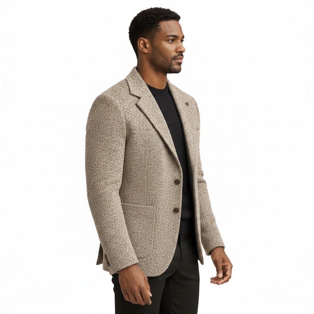 The City Warehouse-Menswear beige flecked wool-blend slim fit blazer with notch lapels worn by a male model