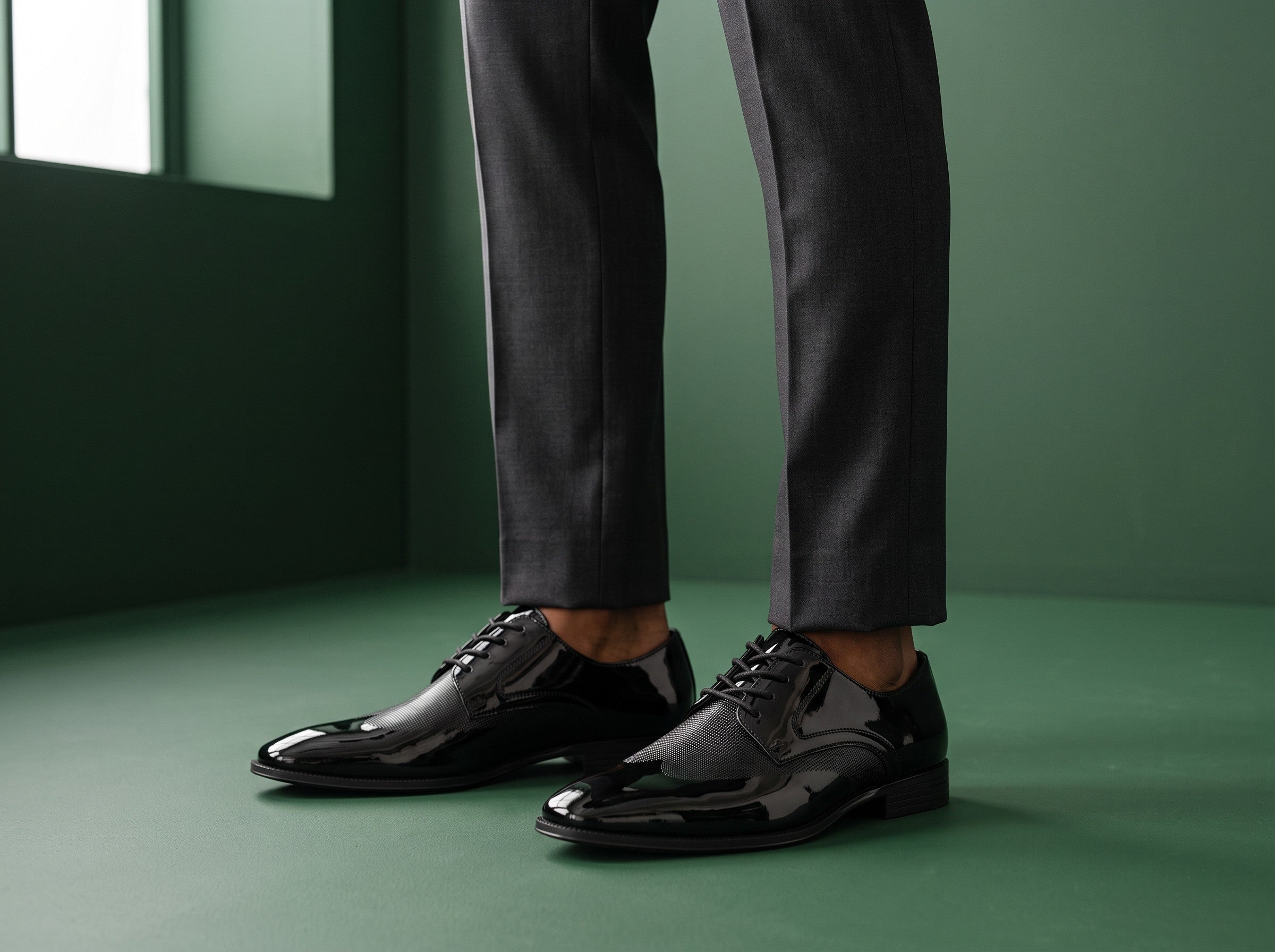 The City Warehouse-Menswear After Midnight black patent leather cap-toe oxford shoes worn with grey formal trousers.