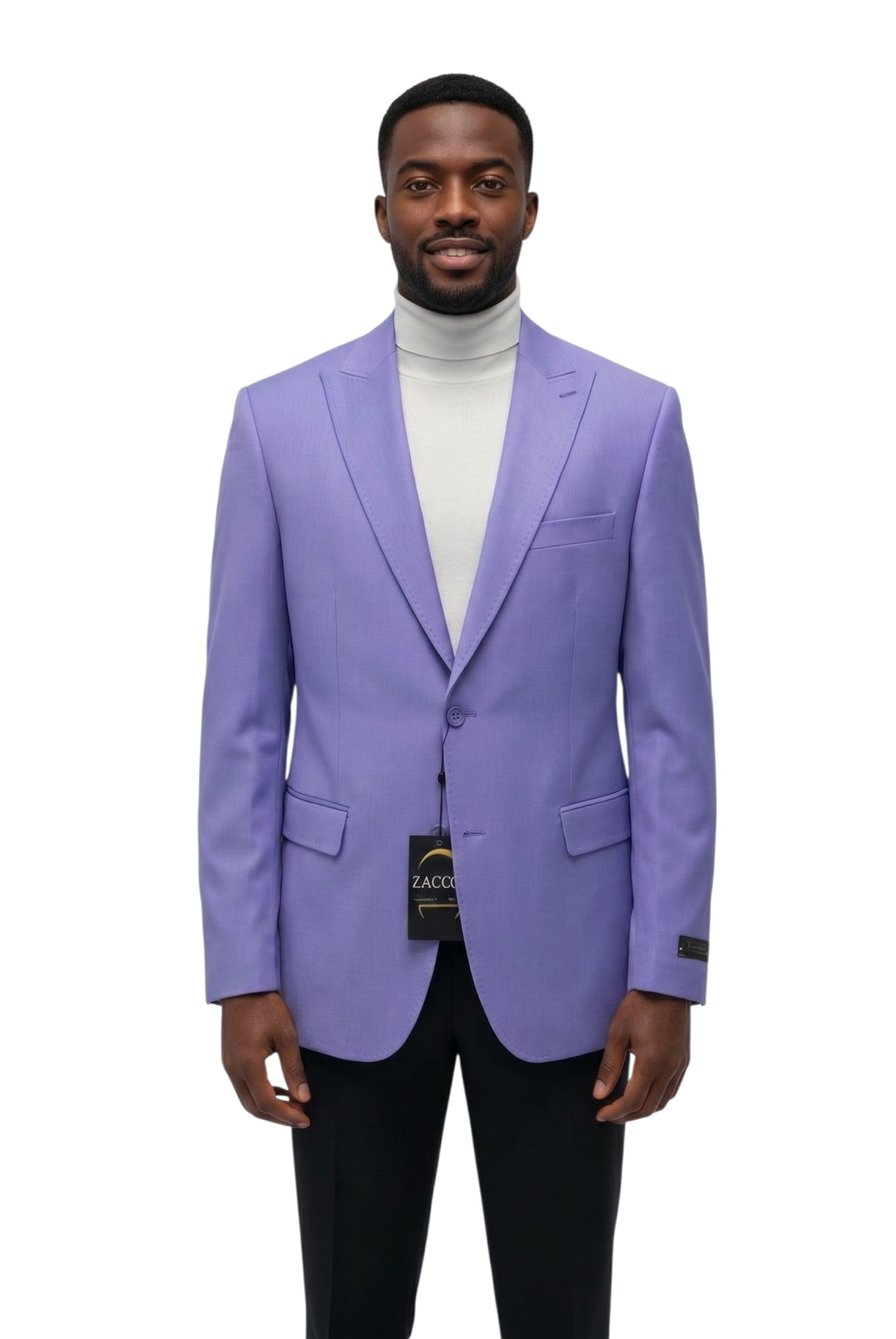 The City Warehouse-Menswear Zacchi Terri 2-button hopsack blazer in vibrant lavender worn over a white turtleneck.