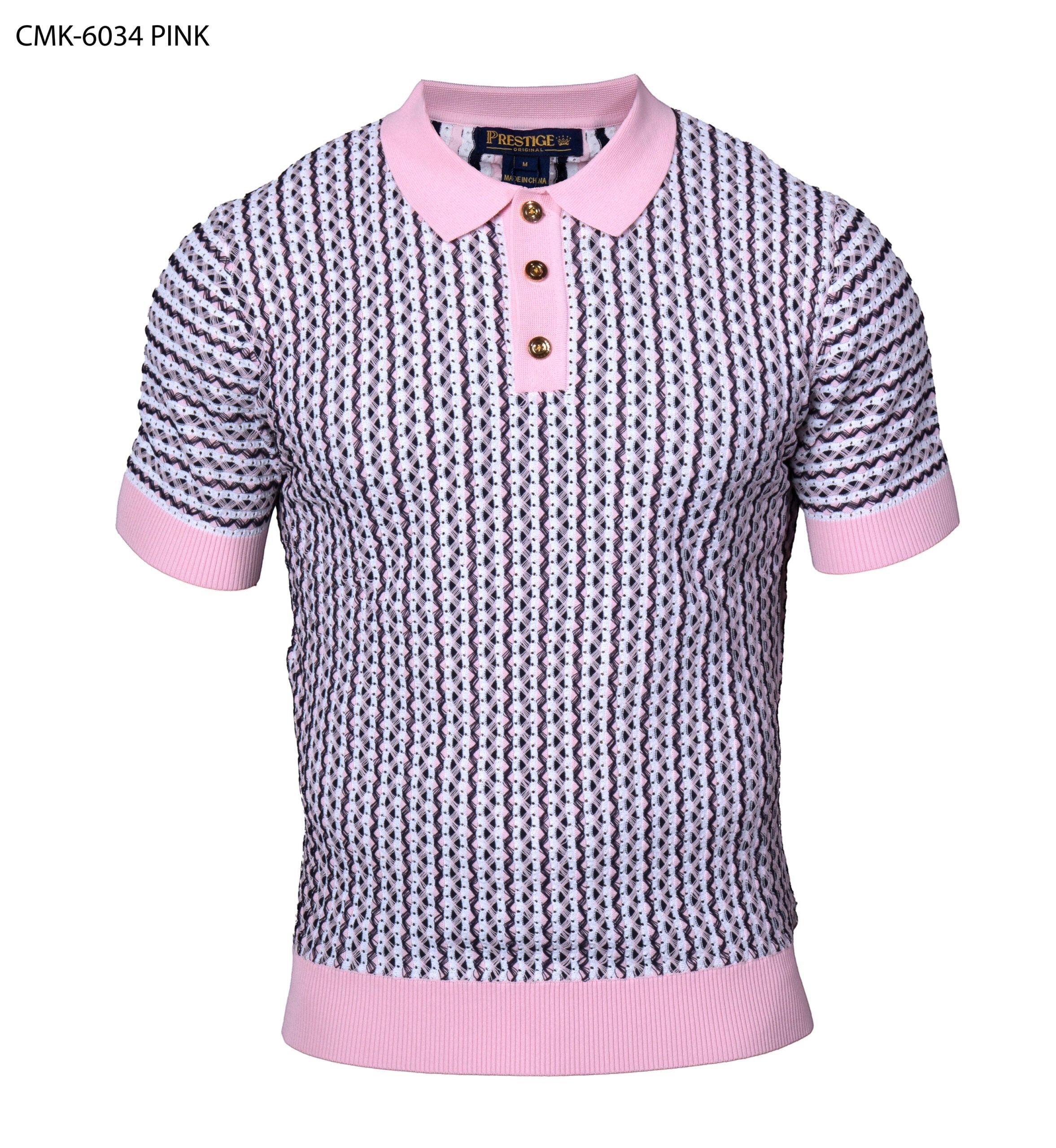 The City Warehouse-Menswear Prestige pink textured stripe polo shirt with a three-button placket and ribbed trim.