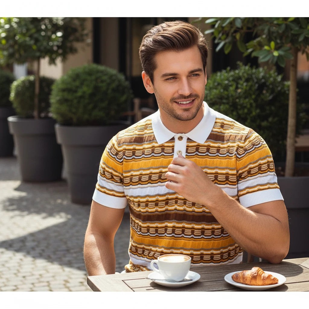 The City Warehouse-Menswear Prestige multi-texture polo shirt in yellow, brown, and white worn by a man at a cafe.