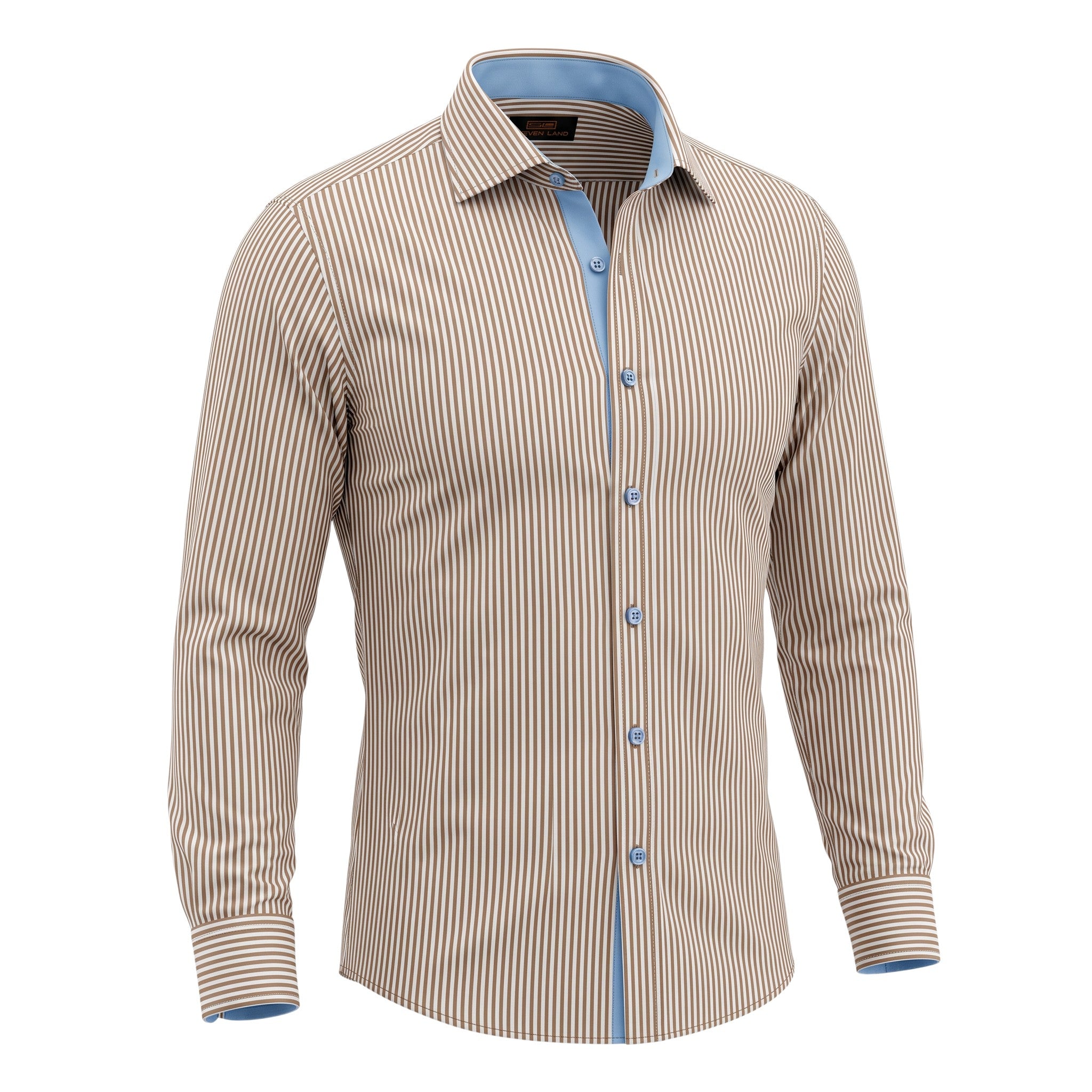 The City Warehouse-Menswear Steven Land brown and white Bengal-striped 100% cotton dress shirt with blue inner collar